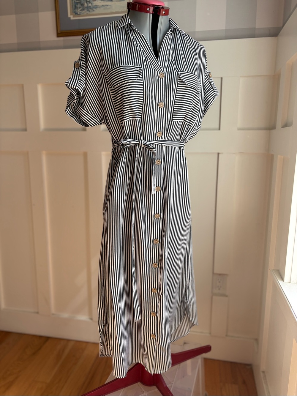 Vero Moda Black and White Vertical Stripe Midi Shirt Dress Medium